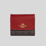 Coach Small Trifold Wallet In Blocked Signature Canvas Brown 1941 Red CE930