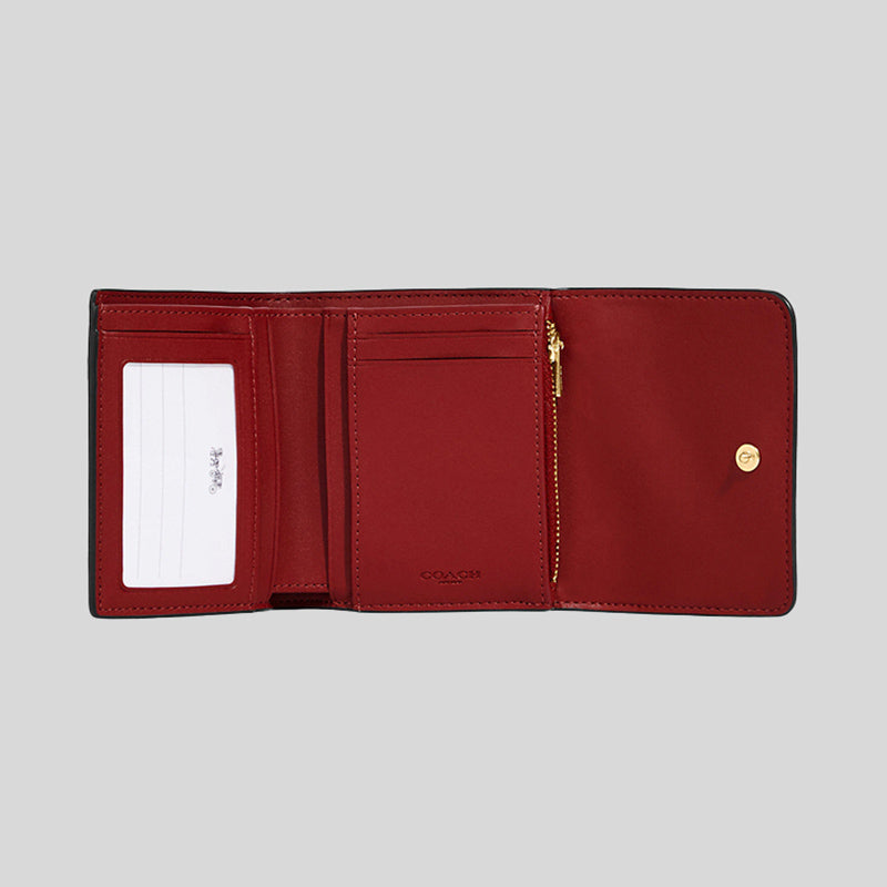 Coach Small Trifold Wallet In Blocked Signature Canvas Brown 1941 Red CE930