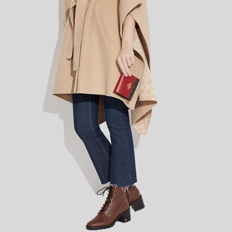 Coach Small Trifold Wallet In Blocked Signature Canvas Brown 1941 Red CE930