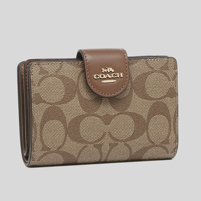 COACH Medium Corner Zip Wallet In Signature Canvas C0082 Khaki Saddle