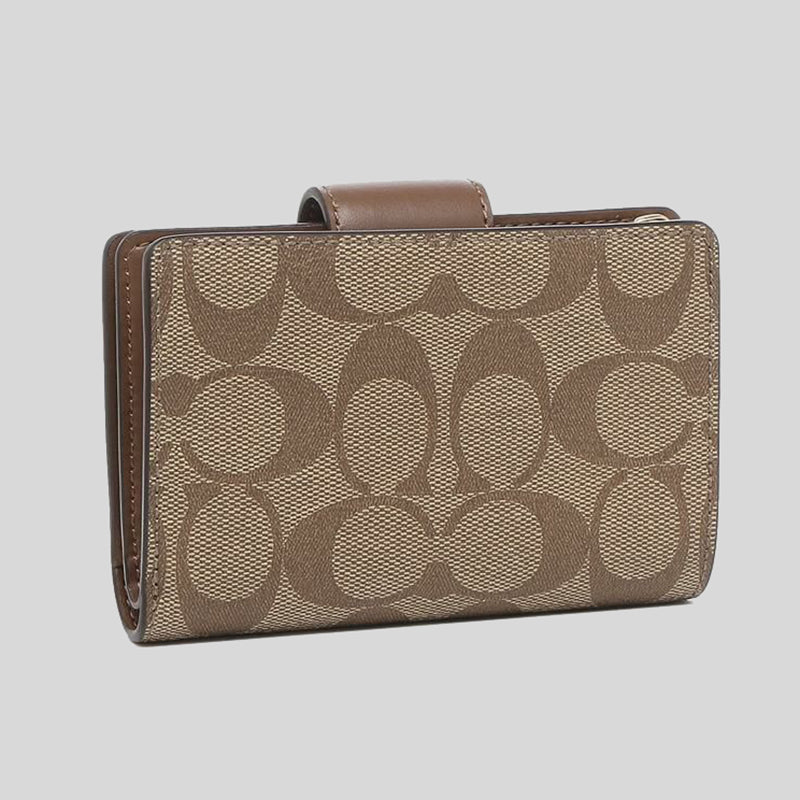 COACH Medium Corner Zip Wallet In Signature Canvas C0082 Khaki Saddle