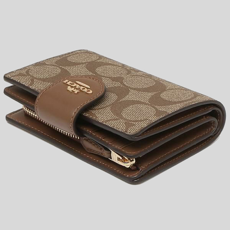 COACH Medium Corner Zip Wallet In Signature Canvas C0082 Khaki Saddle