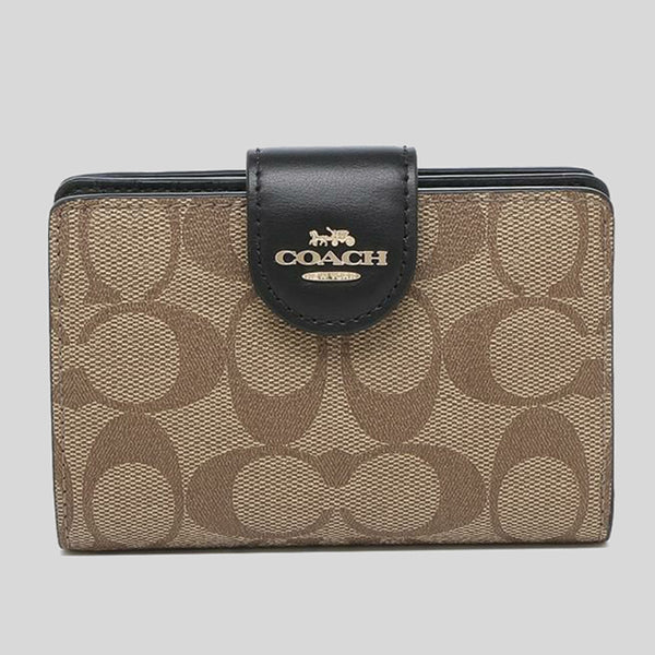 Coach Medium Corner Zip Wallet In Signature Canvas C0082 Khaki Black