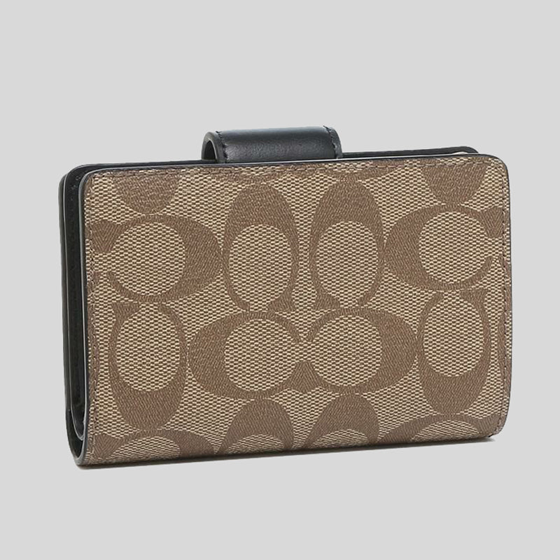 Coach Medium Corner Zip Wallet In Signature Canvas Khaki Black C0082