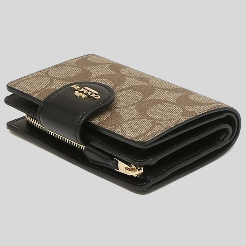 Coach Medium Corner Zip Wallet In Signature Canvas Khaki Black C0082