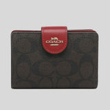 Coach Medium Corner Zip Wallet In Signature Canvas C0082 Dark Brown Red