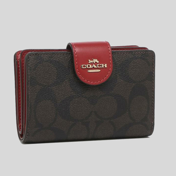 Coach Medium Corner Zip Wallet In Signature Canvas C0082 Dark Brown Red