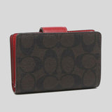 Coach Medium Corner Zip Wallet In Signature Canvas C0082 Dark Brown Red