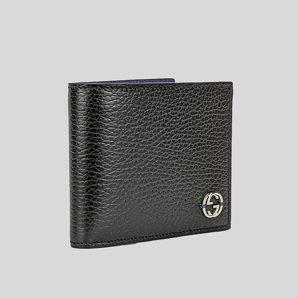 GUCCI Men's Leather Bifold Wallet With Interlock GG Logo Black/Blue 610464