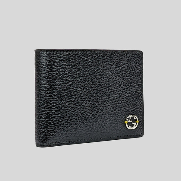 GUCCI Men's Interlock GG Logo Leather Bifold Wallet With ID Slot Black/Yellow 610465