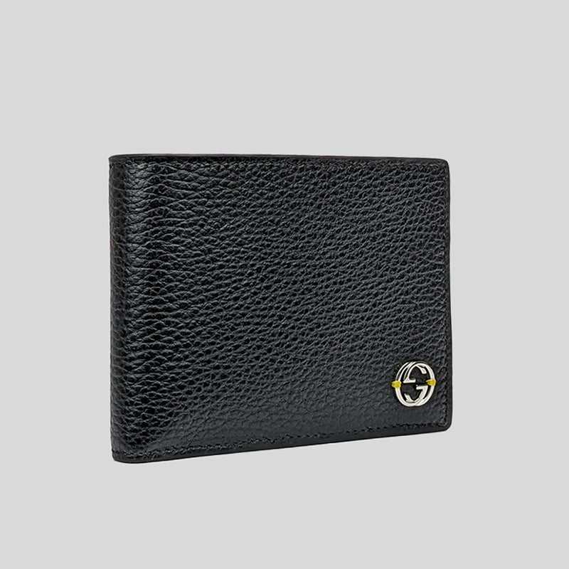 GUCCI Men's Interlock GG Logo Leather Bifold Wallet With ID Slot Black/Yellow 610465