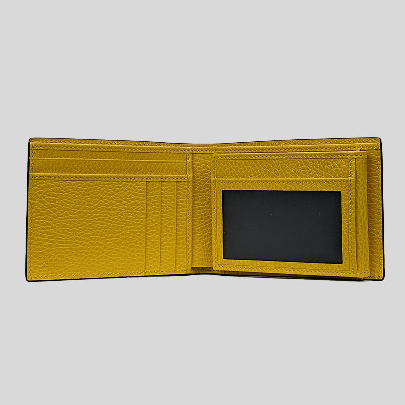 GUCCI Men's Interlock GG Logo Leather Bifold Wallet With ID Slot Black/Yellow 610465