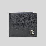 GUCCI Men's Leather Bifold Coin Wallet With Interlock GG Logo Black/Blue 610466