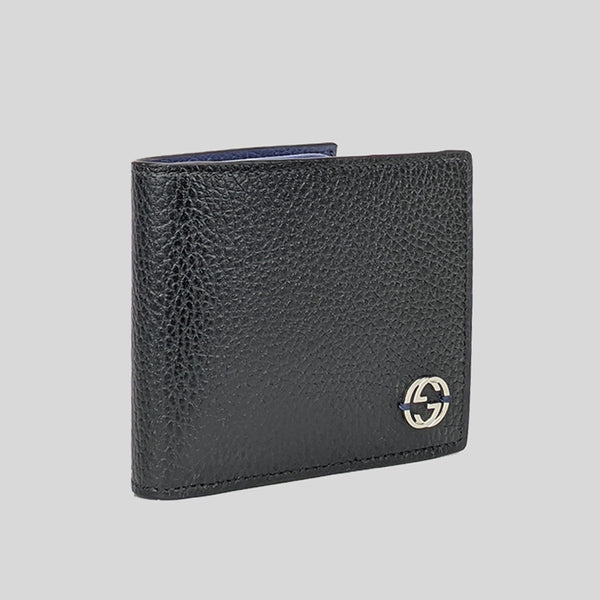 GUCCI Men's Leather Bifold Coin Wallet With Interlock GG Logo Black/Blue 610466