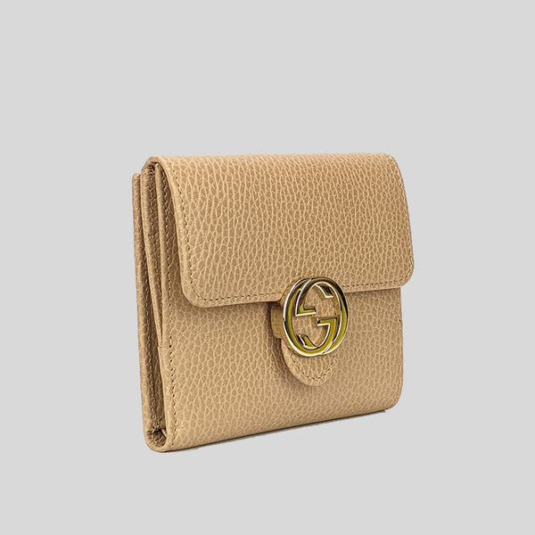 GUCCI Interlock GG Bifold Leather Wallet Beige 615525