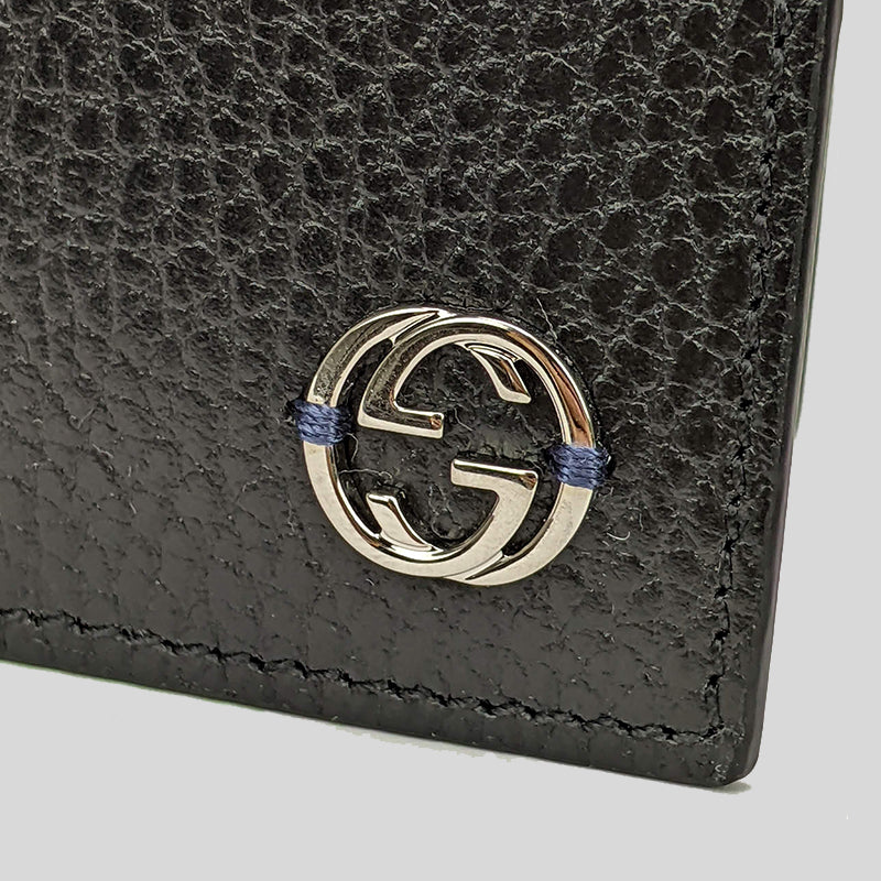 GUCCI Men's Interlock GG Logo Leather Wide Bifold Wallet Black/Blue 611229