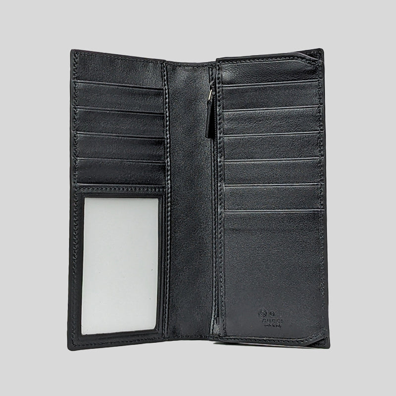 GUCCI Men's Microguccissima GG Logo Leather Slim Long Bifold Wallet With ID Slot And Zip Compartment Black 544479