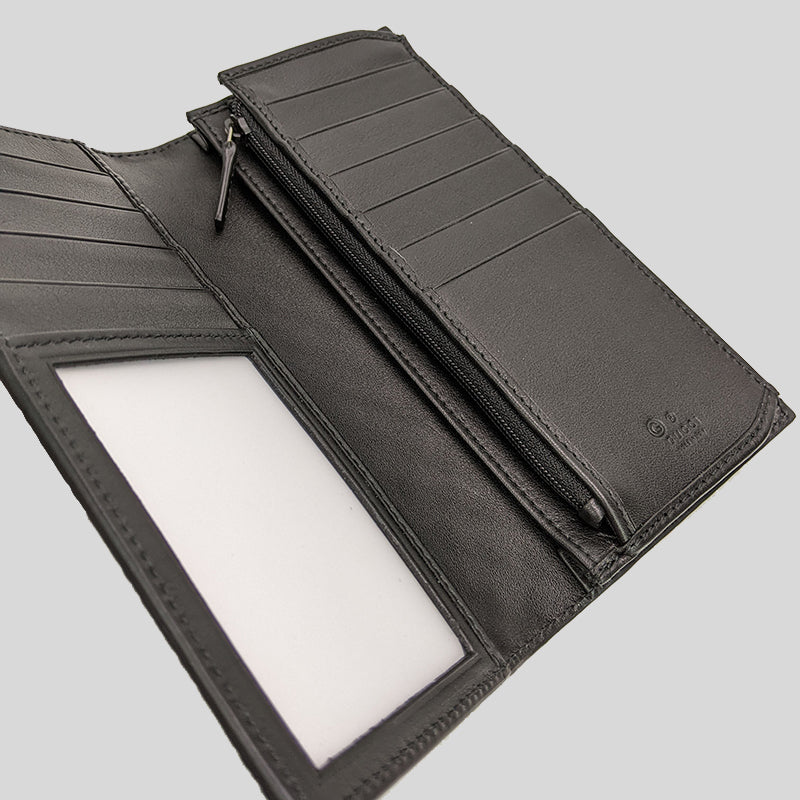 GUCCI Men's Microguccissima GG Logo Leather Slim Long Bifold Wallet With ID Slot And Zip Compartment Black 544479