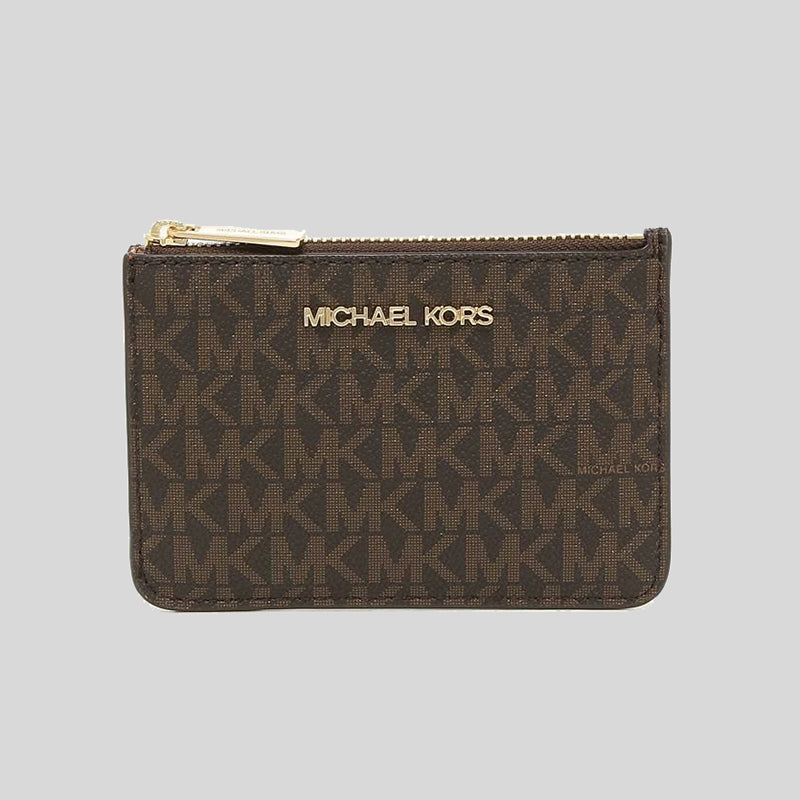 Michael Kors Jet Set Travel Small Top Zip Coin Pouch With ID Window In Signature Canvas Brown