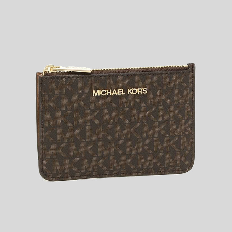 Michael Kors Jet Set Travel Small Top Zip Coin Pouch With ID Window In Signature Canvas Brown 35H9GTVP1B