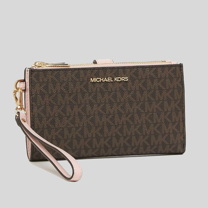 Michael Kors Jet Set Double Zip Phone Wristlet Brown Signature MK Powder  Blush