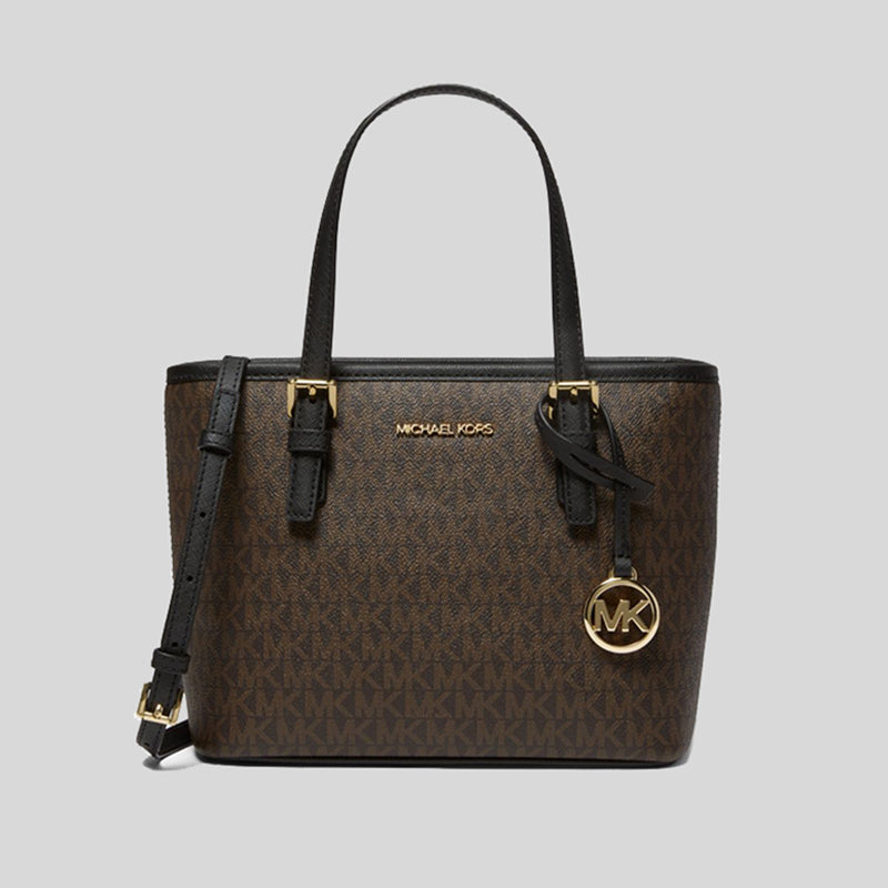 Michael Kors Jet Set Travel Extra-Small Logo Top-Zip Tote Bag Brown Black 35T9GTVT0B