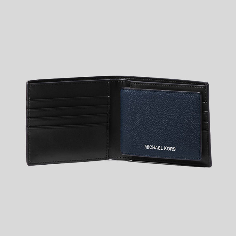 Michael Kors Cooper Pebbled Leather Billfold Wallet With Passcase 36F9LC0F2L Navy