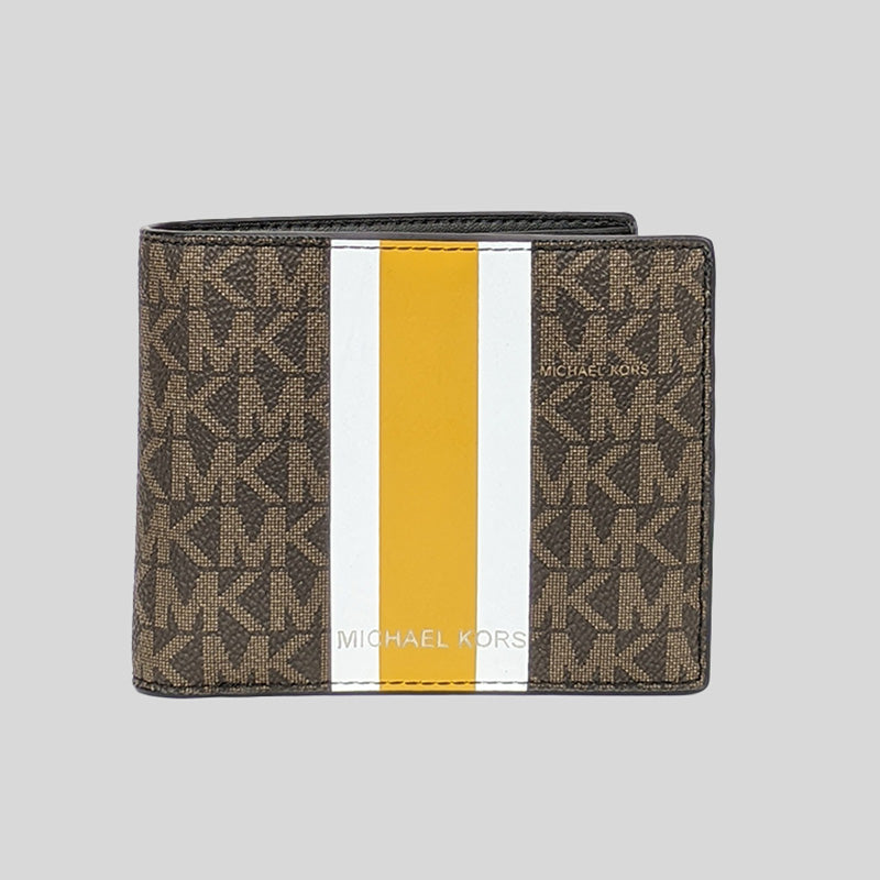 Michael Kors Cooper Signature Canvas with Stripe Billfold Wallet With Passcase 36F1LC0F6B Brown Multi