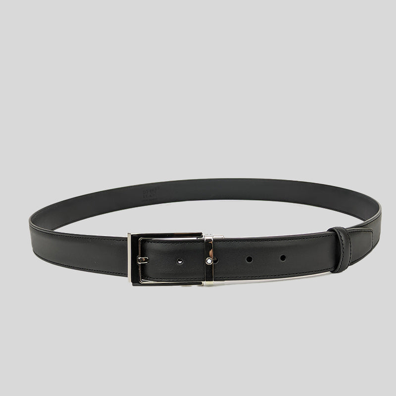 Montblanc Men's Rectangular Shiny Stainless Steel And Black Enamel Pin Buckle Black Belt 123891