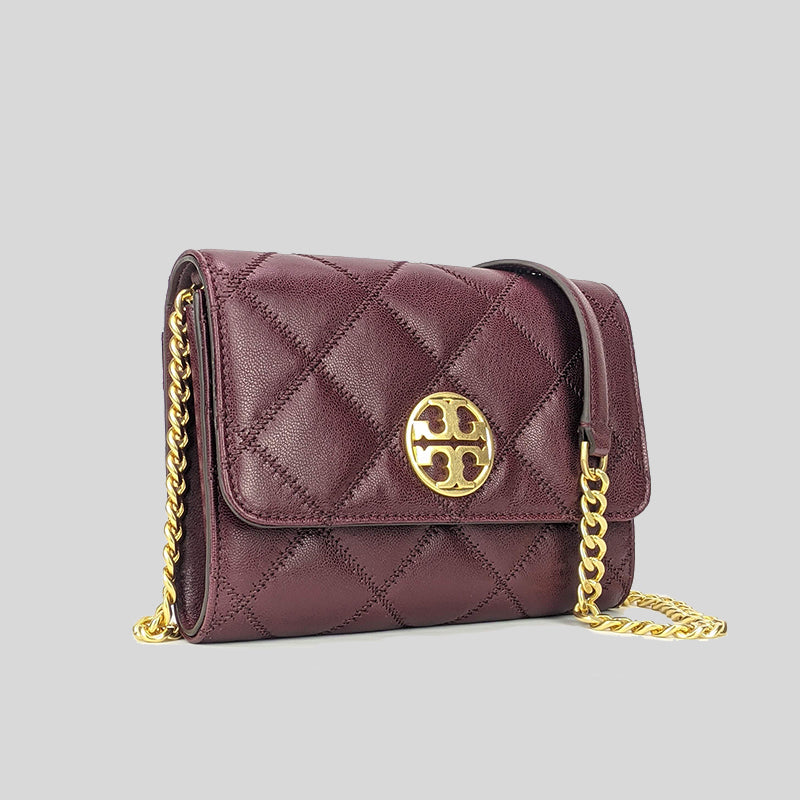 Tory Burch Willa Quilted Leather Chain Wallet Claret 87867