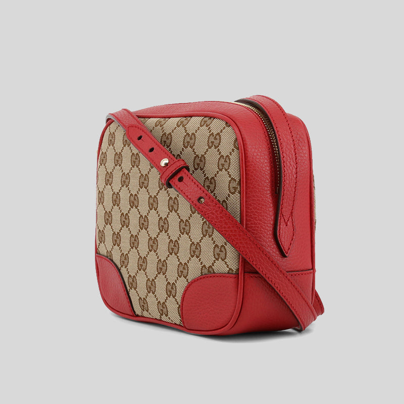 GUCCI Red Leather Beige Canvas GG BREE Crossbody Camera Bag 449413
