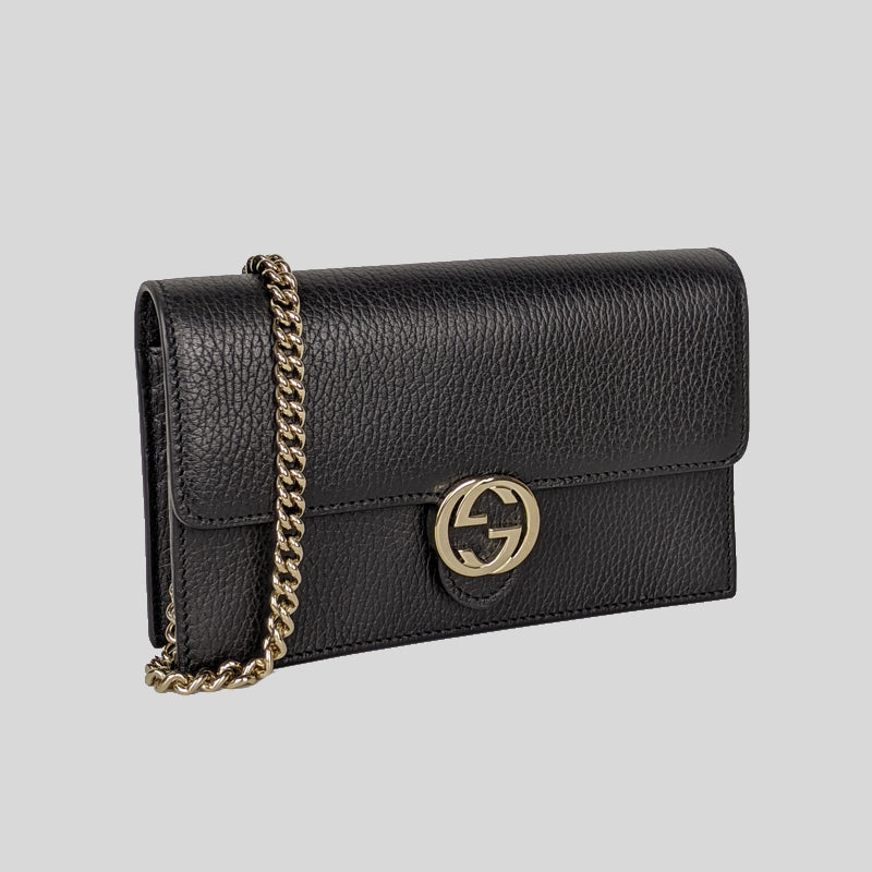 Gucci AUTHENTIC - Interlocking GG Wallet on Chain Crossbody Bag - Black  Leather