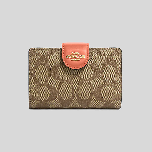 Coach Medium Corner Zip Wallet In Signature Canvas Khaki Light Coral C0082