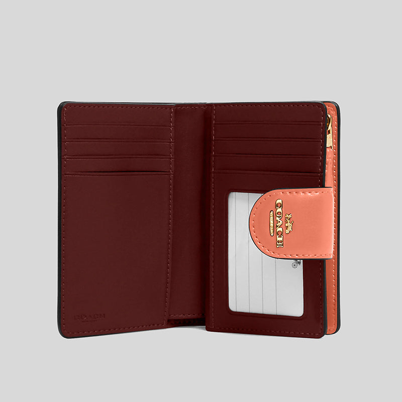 Coach Medium Corner Zip Wallet In Signature Canvas Khaki Light Coral C