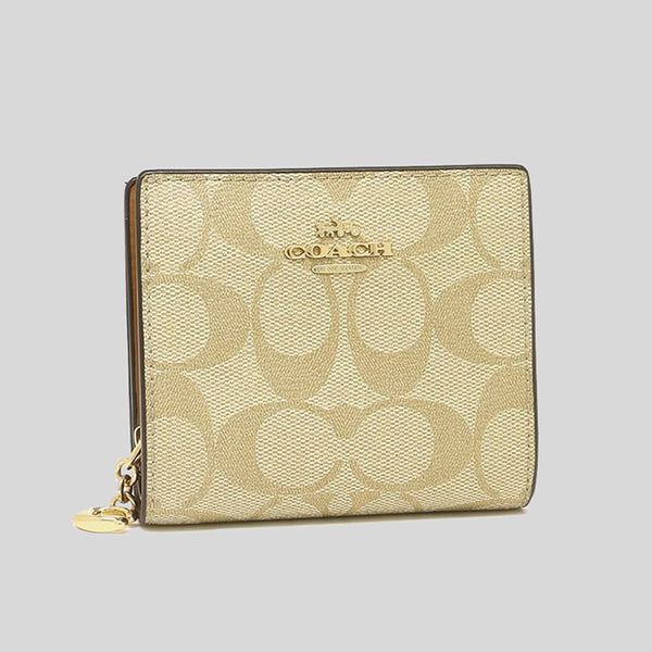 Coach Snap Wallet In Signature Canvas Light Khaki Saddle C3309