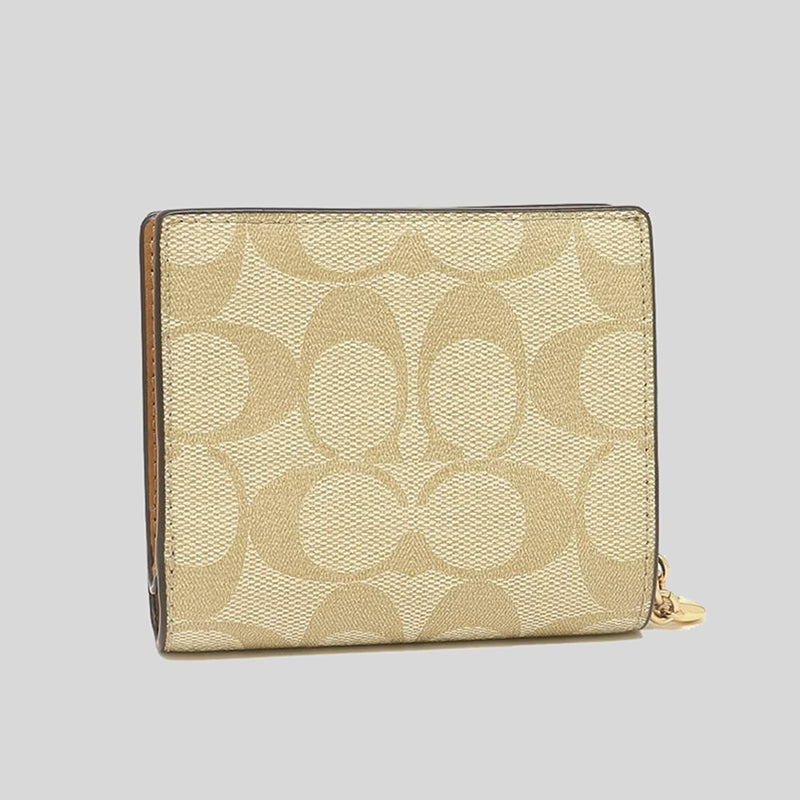 Coach Snap Wallet In Signature Canvas Light Khaki Saddle C3309