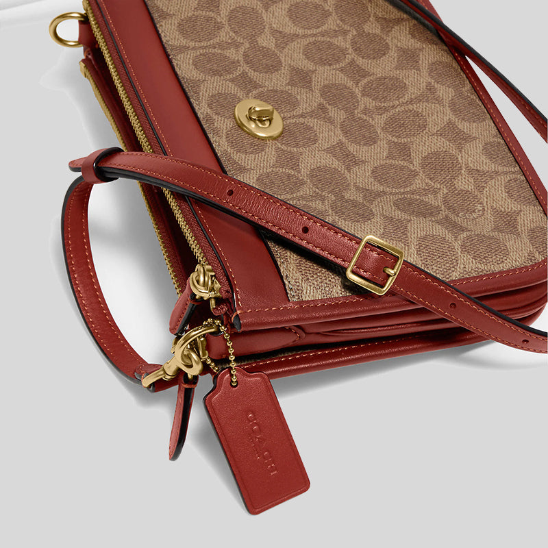 Coach Slim Turnlock Crossbody In Signature Canvas Tan/Rust C6661