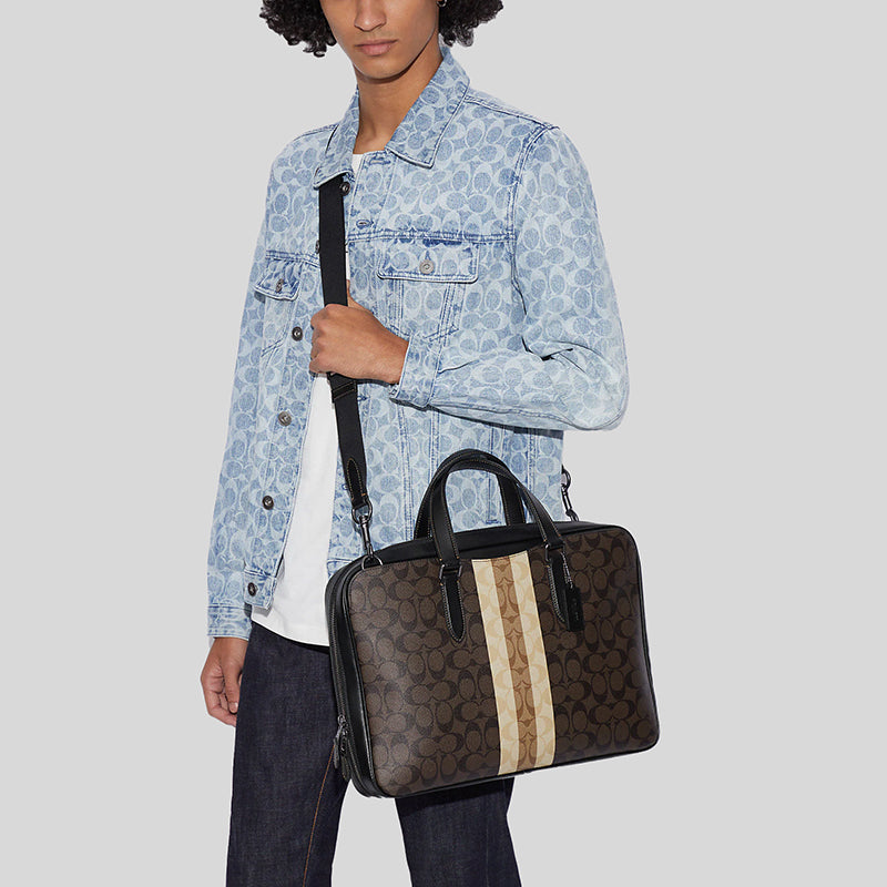 Coach Graham Slim Brief In Blocked Signature Canvas With Varsity Stripe Mahogany Multi C9826