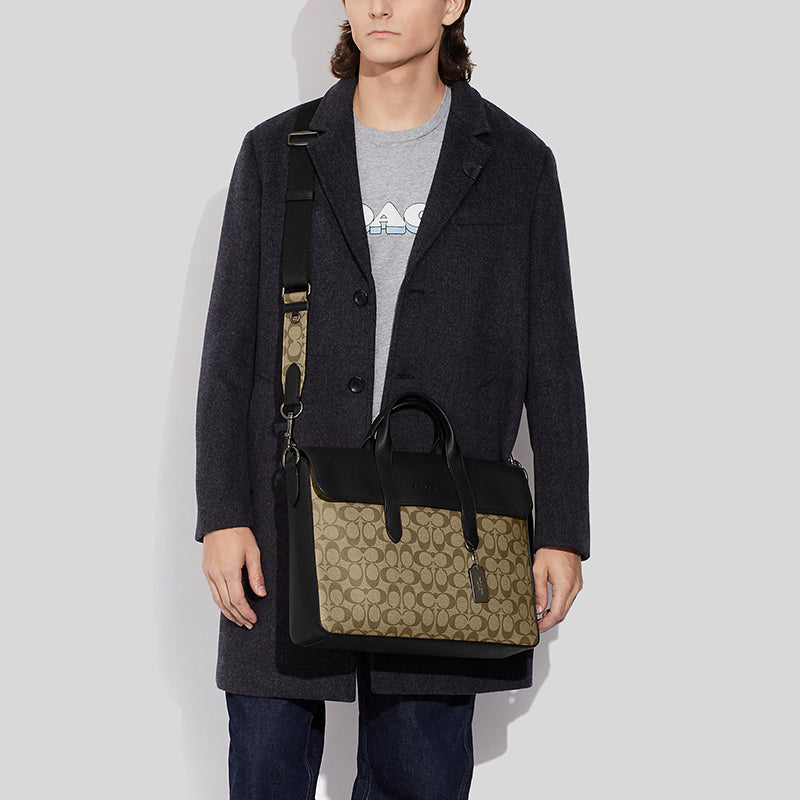 COACH Sullivan Portfolio Brief In Signature Canvas Khaki/Black C9873