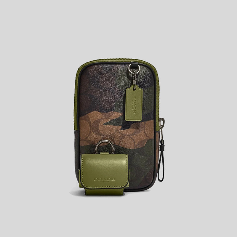 Coach Multifunction Phone Pack In Signature Canvas With Camo Print Khaki Olive Green CC026