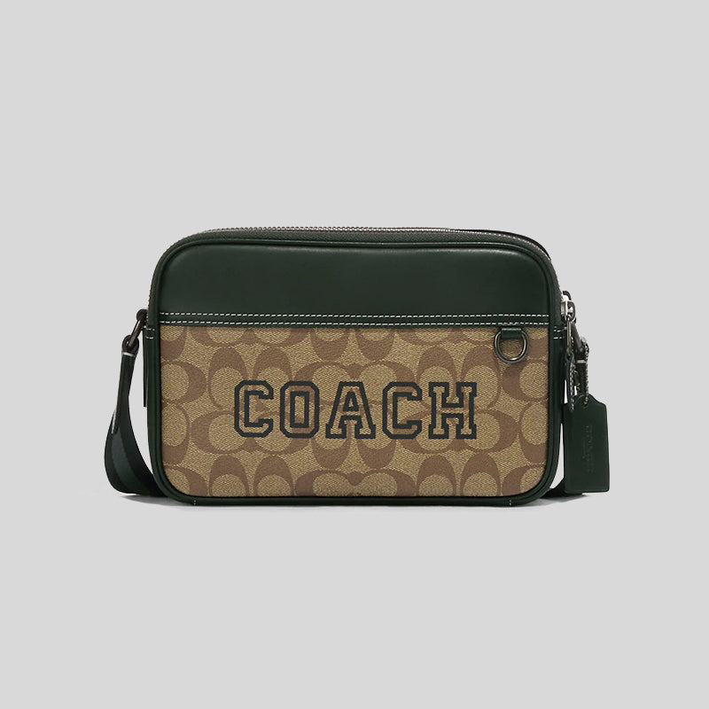 Coach Graham Crossbody In Signature Canvas With Varsity Motif Khaki Amazon Green CE638
