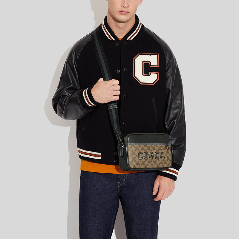 Coach Graham Crossbody In Signature Canvas With Varsity Motif Khaki Amazon Green CE638