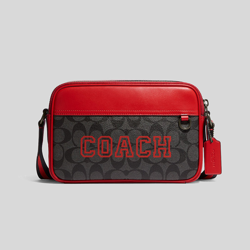 Coach Graham Crossbody In Signature Canvas With Varsity Motif Charcoal Bright Poppy CE638