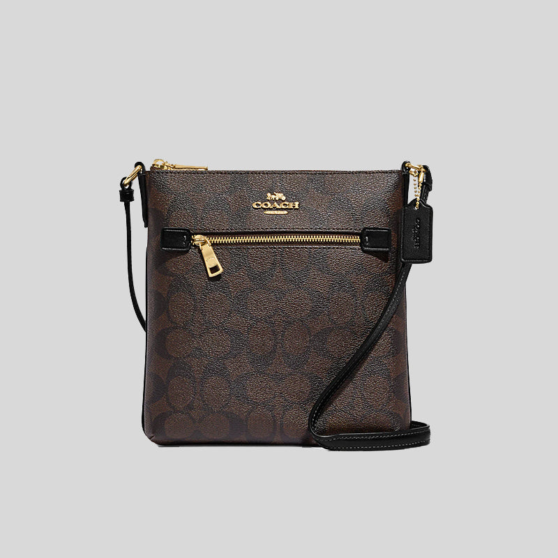 Coach Mini Rowan File Bag In Signature Canvas Brown Black CF340