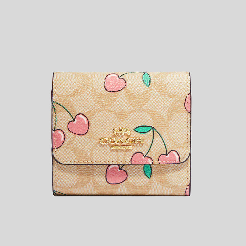 Coach Small Trifold Wallet In Signature Canvas With Heart Cherry Print CF399