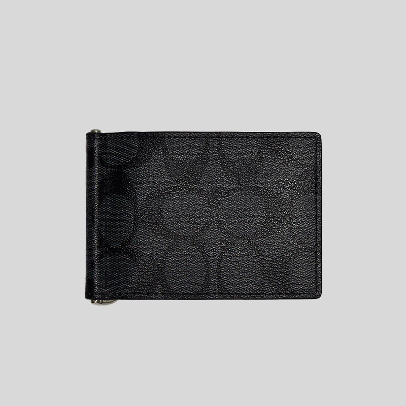 Coach Slim Money Clip Billfold Wallet In Signature Canvas Charcoal Black CH086