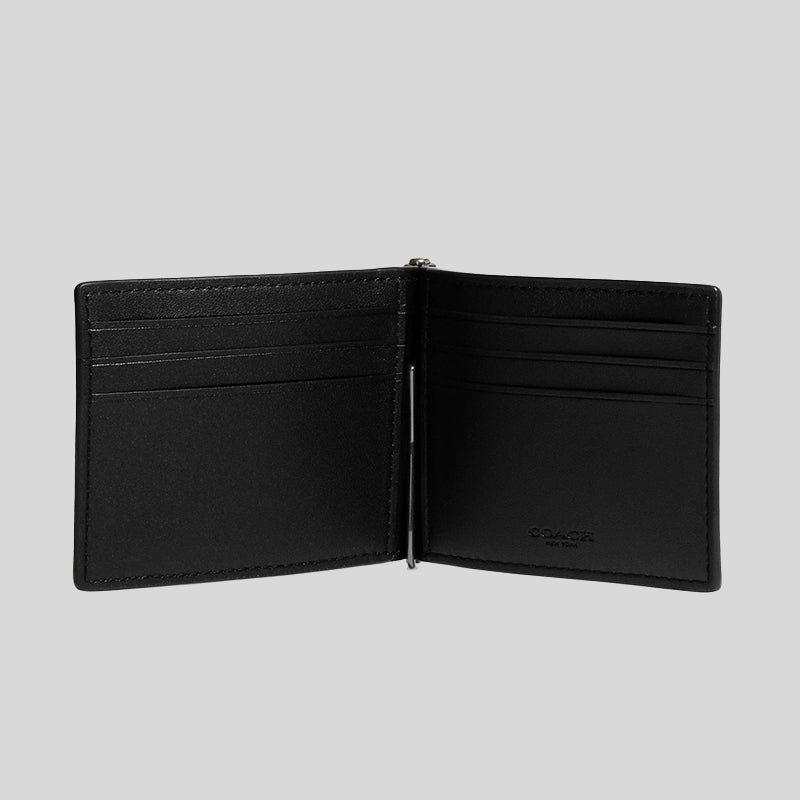 Coach Slim Money Clip Billfold Wallet In Signature Canvas Charcoal Black CH086