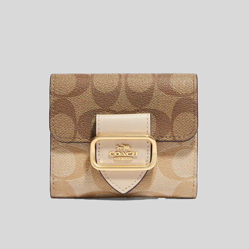 Coach Small Morgan Wallet In Blocked Signature Canvas Light Khaki/Ivory Multi CH387