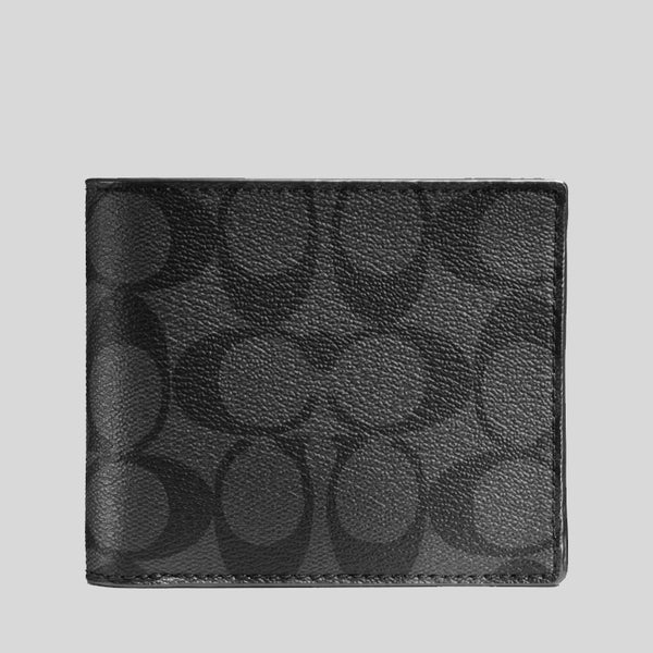 Coach Compact ID Wallet In Signature Coated Canvas Black (F74993)