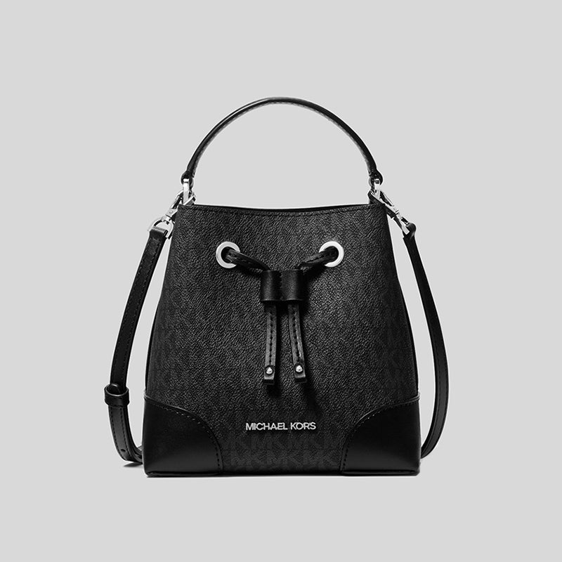 Michael Kors Mercer Signature Small Drawstring Bucket Black Silver Hardware 35F2SM9M1B